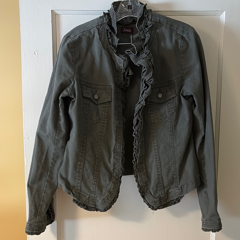Anthropologie Louie olive denim ruffle collar jacket